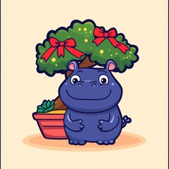 Wall Mural - A cheerful cartoon hippo stands next to a decorative potted plant adorned with bows, set against a light background.