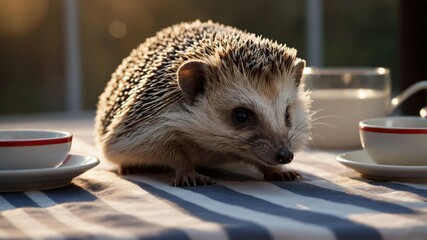 A hedgehog on a table with small cups, illuminated by warm sunlight.