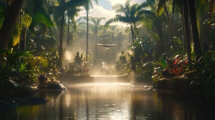 Poster - Lush tropical river flowing through a dense jungle. Sunlight filters through the foliage.