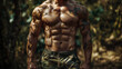 © Ariwasabi - Close-up of a muscular unrecognizable male torso and abs with tattoos, wearing camouflage pants, standing in a forest. Image made using Generative AI