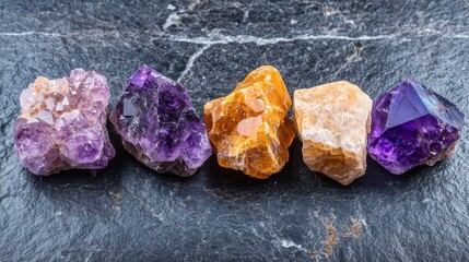 Amethyst, calcite, and citrine crystals on a dark stone background