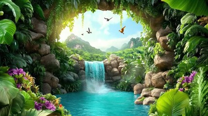 Poster - Lush tropical waterfall scene with birds flying through a hidden grotto.