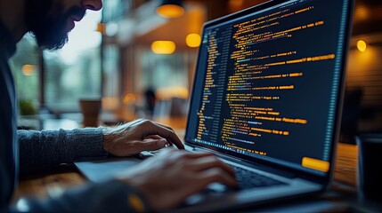 A person coding on a laptop in a cozy workspace, focused on the screen filled with programming text.