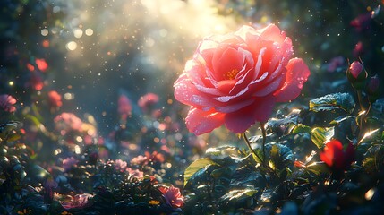 Wall Mural - Sunlit rose blooming in garden, magical bokeh