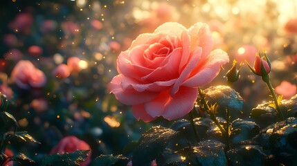 Wall Mural - Dew-kissed rose sunset garden bloom, romantic