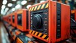 © PICK YOUR POV - A row of industrial devices with warning stripes and illuminated buttons, likely for technical use.