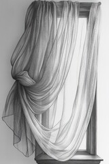 Sticker - Pencil sketch, sheer curtains, window frame.