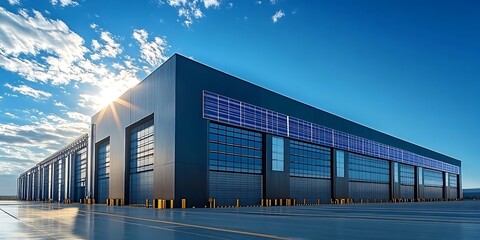 modern industrial warehouse exterior with large solar panels and blue sky factory building