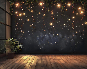photo background with twinkling lights and wood floor backdrop