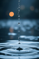 Wall Mural - A close-up of water droplets falling into a calm body of water, creating ripples. The background features blurred lights, adding a dreamy effect.