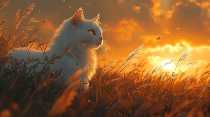 Wall Mural - White cat sunset field, autumn, serene, nature, wallpaper