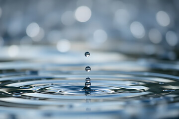 Wall Mural - A close-up of water droplets falling into a calm body of water, creating ripples. The background features blurred lights, adding a dreamy effect.