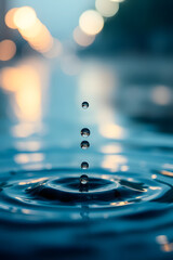 Wall Mural - A close-up of water droplets falling into a calm body of water, creating ripples. The background features blurred lights, adding a dreamy effect.