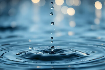 Wall Mural - A close-up of water droplets falling into a calm body of water, creating ripples. The background features blurred lights, adding a dreamy effect.