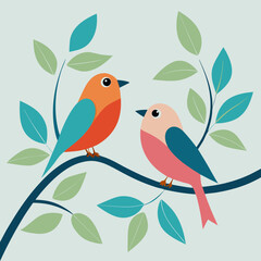 two birds sit on trees branch minimalistic