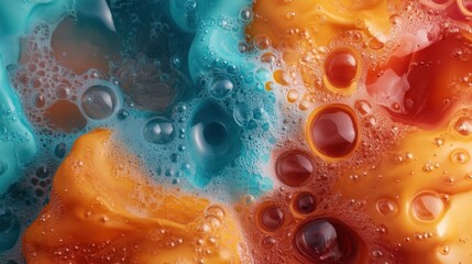 Wall Mural - vibrant abstract fluid patterns: a close-up of colorful swirls and bubbles in orange, blue, and red 