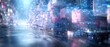 © artbot - Futuristic cityscape with glowing cubes and digital data streams at twilight