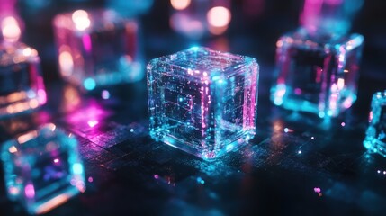 Wall Mural - glowing cubes neon tech surface background