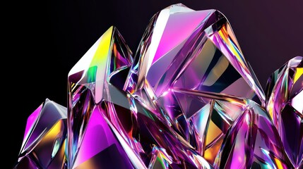 Wall Mural - Iridescent crystals glowing, dark background, digital art, website header