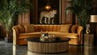 © NfL - Luxurious curved sectional sofa with gold accents, a black coffee table, and a leopard statue in a rich interior.