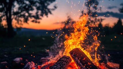 Wall Mural - Campfire at Sunset: Embers Glow with Warmth and Serenity