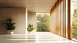 © ANUAR - Modern minimalistic interior design with large windows, natural light, and indoor plants creating a serene atmosphere in an open space living area