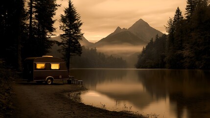 Wall Mural - Serene lakeside view with a vintage camper at dusk, surrounded by mountains and misty forest