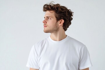 Young man, profile view, white shirt, studio, thoughtful