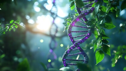 Sticker - DNA strand in forest, sunrise, nature, genetics, science, research, background bokeh