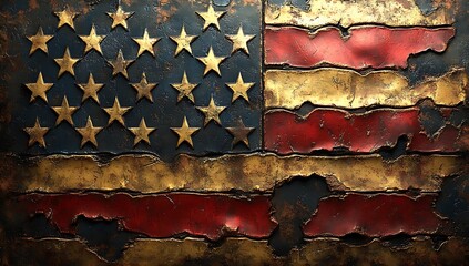 Wall Mural - Distressed American Flag Metal Texture Background usa red art gold blue aged worn dark    