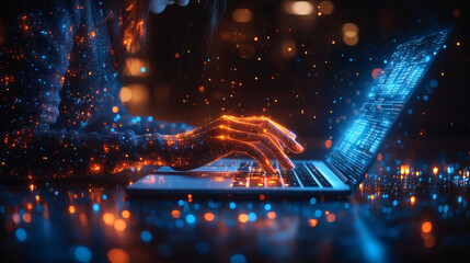 Person is using a laptop with a futuristic blue cyber network graphic overlay
