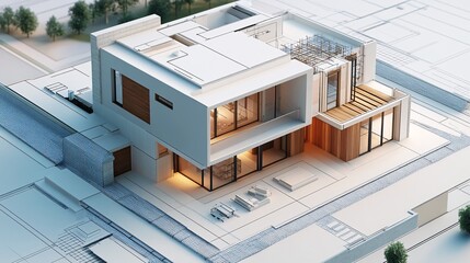 Wall Mural - Modern House Architectural Model with Blueprint