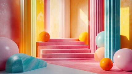 Wall Mural - Pastel Dreamscape: A vibrant 3D render of a whimsical, colorful interior with spheres, stairs, and columns.