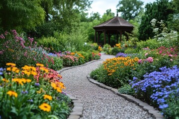 Winding gravel path leading to gazebo in beautiful blooming garden