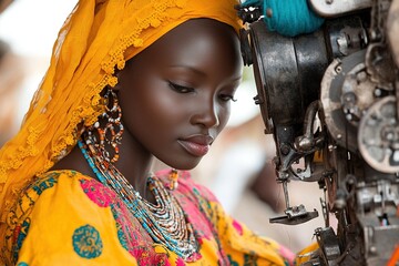 A woman in traditional attire engaged with a sewing machine, showcasing cultural craftsmanship.