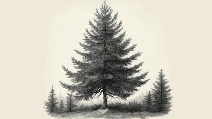 A black and white drawing of a tree with a few other trees in the background