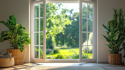 Wall Mural - Open doors to sunny garden from home interior with plants