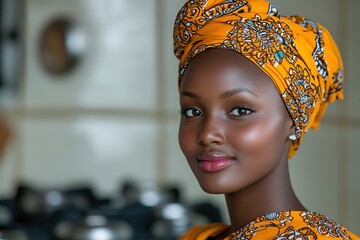 A woman wearing a vibrant headwrap and traditional attire, smiling warmly in a kitchen setting.