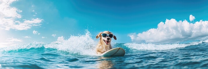 A cute dog wearing sunglasses surfing on the sea, a panoramic photo with a blue sky and white clouds in the background, blue ocean waves splashing around, a joyful expression of excitement on its face