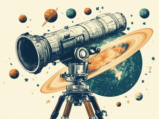 Wall Mural - Telescope on Tripod with Planets Background