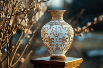 Canvas Print - White Gold Vase Wooden Table