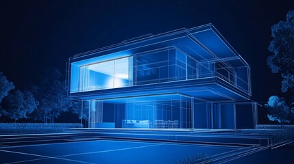 Wall Mural - Modern House Wireframe Render