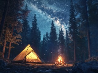 Wall Mural - campsite lighting in forest