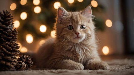 A fluffy orange kitten lounging beside pinecones and soft lights.