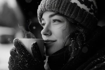 Poster - Woman drinks coffee in snowy environment