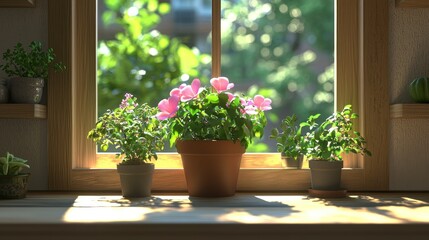 Wall Mural - Potted flowers on sunny windowsill with outdoor trees, for home decor