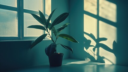 Wall Mural - Potted plant by sunlit window, casting shadows on wall