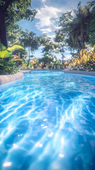 Wall Mural - Tropical Lazy River Flows Gently Through Lush Greenery Under a Sunny Sky with Tropical Plants