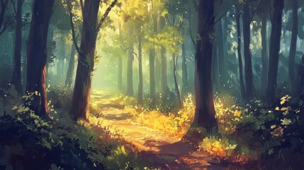 Poster - Sunlit Path Through A Mystical Forest Scene