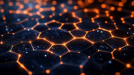 A hexagonal grid pattern with glowing orange edges on a dark background. Abstract digital technology and cyber network concept. 